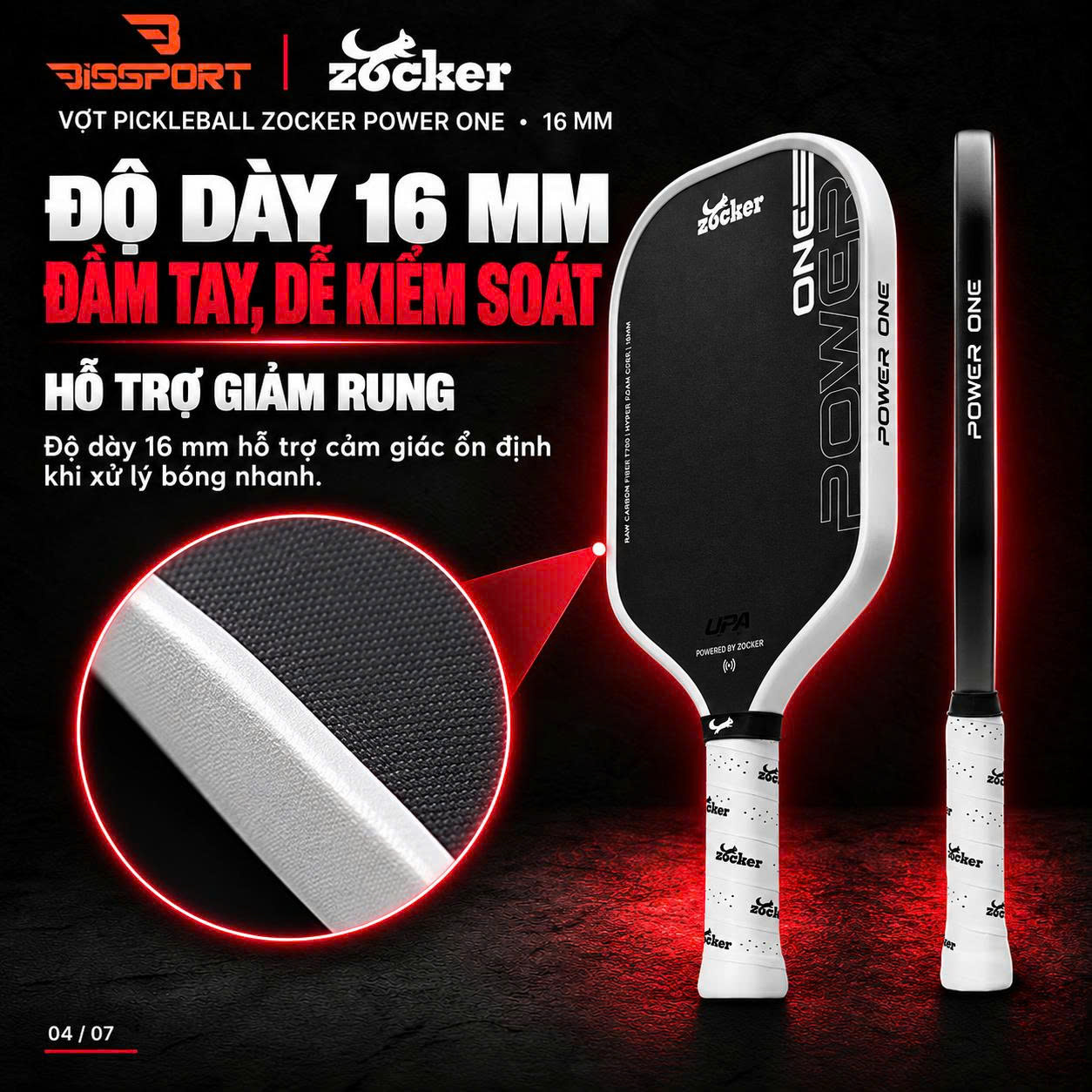 Vợt Pickleball Zocker Power One 16mm Chính Hãng - Màu Đen - Lõi Foam - Mặt Carbon T700 Nhám Trợ Lực Tốt - Tạo Xoáy